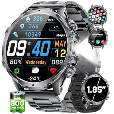 Produktbild von 800mAh Akku Smartwatch Herren Militär, 1.85'' Display Smartwatch mit /LED Taschenlampe/Telefonfunktion, Herzfrequenz/Schlafmonitor,Fitnessuhr: 100+ Sportmodi/IP68 Wasserdicht,Android iOS(FV15 Schwarz)