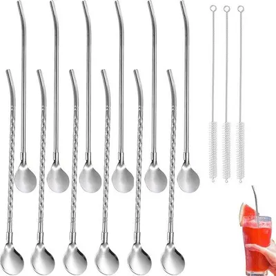Productafbeelding van Unyqoos® 12-delige set roestvrijstalen rietjes (304 roestvrij staal) + 3 reinigingsborsteltjes, roestvrij en vaatwasmachinebestendig – ideaal voor smoothies, milkshakes, cocktails en latte macchiato