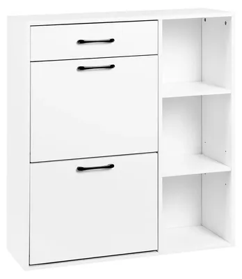 Image de Étagère à chaussures - Armoire à chaussures - 3 niveaux - Étroite et haute - Compartiments rabattables - Tiroir - 80 x 90 x 30 cm - Blanc