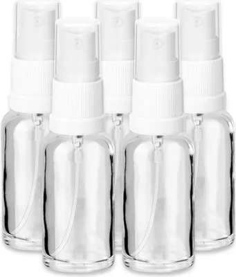 Produktbild von 5x Glasflasche klar 30 ml mit weißem Zerstäuber Sprükopf Pumpspray Set