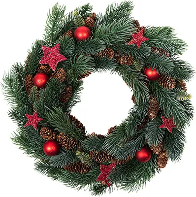 Produktbild von Weihnachtskranz ca. 34 x 34 x 8 cm mit Tannenzapfen, roten Kugeln und Sternen