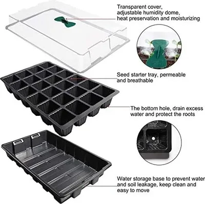 Produktbild von KAHEIGN 4Pcs Anzuchtschalen für Pflanzen, 24 Zellen Kunststoff Keimschalen Pflanzschalen mit verstellbaren Belüftungsöffnungen für Gewächshausgartenhaus (mit 4pcs Deckel und Sockel)