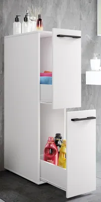 Produktbild von VCM Holz Badezimmerschrank | Badmöbel | Nischenschrank | Raumteiler mit zwei Schubladen | Hochschrank | Maße ca. H. 110 x B. 25 x T. 50 cm - Sadilo L