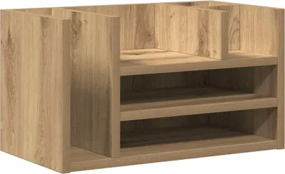 A wooden desk organizer with multiple shelves and dividers.