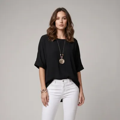 Produktbild von Damen Bluse, Kurzarmbluse mit Kette, leichte Viskose High-Low Saum Tunika Leichte Oberteil Einfarbig S/M/L/XL
