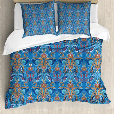 Produktbild von ABAKUHAUS Blau Bettbezug Set, Abstraktes Blumenmuster mit Paisley beeinflußt aufwändige Locken wirbelte Blätter, 200 x 200 cm + 80 x 80 cm, Blau Orange Coral