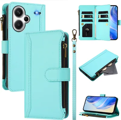 Image de Etui pour Xiaomi Redmi Note 13 Pro Plus, zippé, étui portefeuille en cuirPolyuréthaneavec pochettes pour cartes, support et dragonne vert menthe
