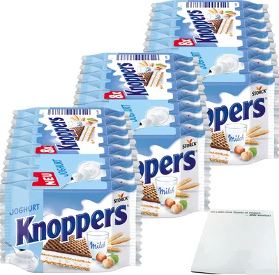 Produktbild von Knoppers Joghurt Waffelschnitte mit Joghurt und gehackten Haselnüssen 3er Pack (3x 8x25g Packung) + usy Block