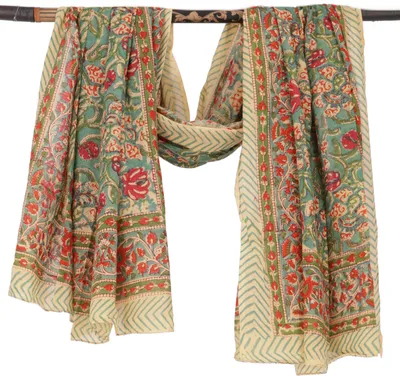 Produktbild von Leichter Pareo Schal, Sarong, Handbedrucktes Baumwolltuch - Farb Kombination 24, Uni, Grün, Baumwolle, 180*110 cm, Sarongs & Tücher