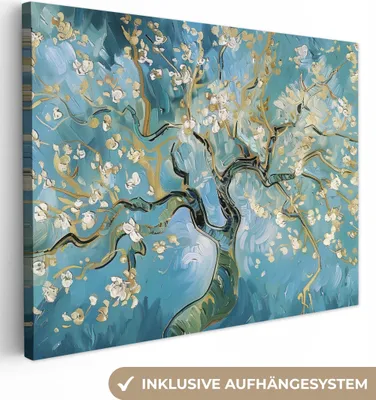 Produktbild von MuchoWow® - Leinwandbilder - Mandelblütenbaum - Blau - Abstrakt, Wandbild, Wanddeko Bilder Wohnzimmer, 120x90cm