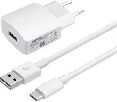 A white Huawei travel charger and a white USB Type-C cable are shown against a white background.