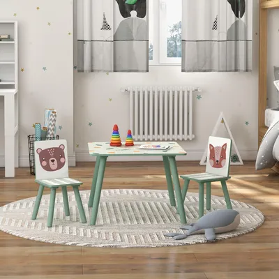 Produktbild von Kindersitzgruppe 3-8 Jahre, Tisch & 2 Stühle, Tiermotiv,Holz, Grün | 60x60x44 cm | Tisch 44 cm Höhe | MDF & Kiefer