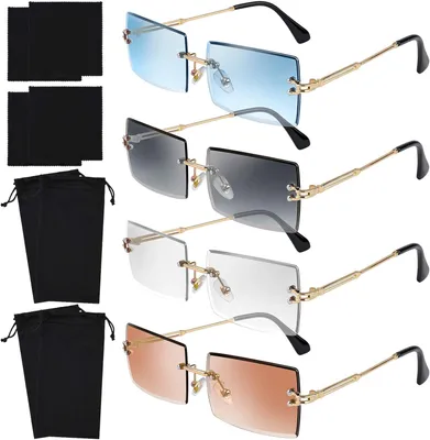Produktbild von 4er-Pack randlose rechteckige Sonnenbrillen, Vintage-Stil, Retro-Sonnenbrillen mit Metallrahmen für Damen und Herren