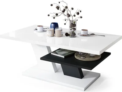Produktbild von Moderne Wohnzimmertisch Conte, Weiß HG + Schwarz, mit Hochglanz-Oberfläche – Stilvolles Design & Praktische Funktion -05