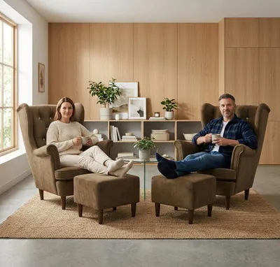 Produktbild von 2er-Set Ohrensessel GAJA Royal – mit Hockern & Kristallen, Velours in Braun, Family Meble, KI-generiertes Bild
