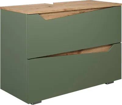 A green and wood-grain two-drawer cabinet against a white background.
