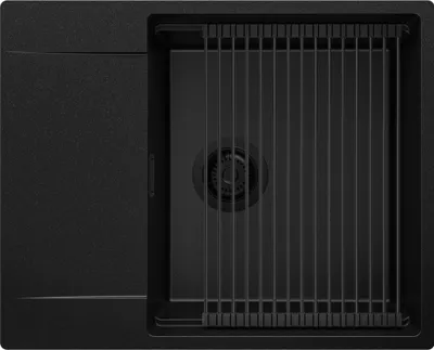 A top-down view of a black granite kitchen sink with a drying rack and drain.