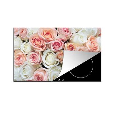 Produktbild von KitchenYeah© Herdabdeckplatte Rosen - Blumen - Weiß - Rosa , 91x52cm, Küche Deko, Glaskeramikkochfeld Herdabdeckung, Abdeckplatte fùr Kochfeld