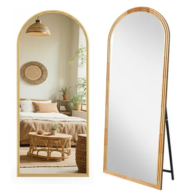 A full-length arched mirror with a gold frame, shown in two views: one reflecting a bedroom scene and the other standing alone.