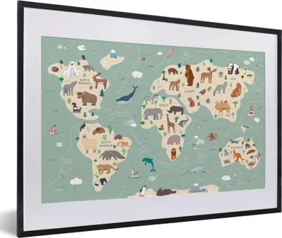 Produktbild von MuchoWow® MuchoWow® Gerahmtes Poster Erde - Weltkarte Kinder - Tiere - Jungen - Mädchen - Blau 60x40 cm - Poster mit zchwarzem Bilderrahmen - Schlafzimmer - Plakat in Rahmen - Drucken