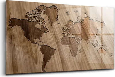Produktbild von 120x60 - Wandmalerei auf Glas- Wanddekoration aus Glas - Weltkarte auf Holz