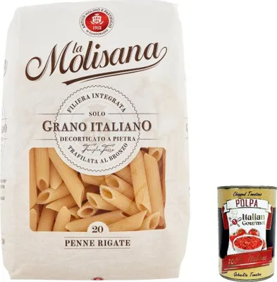 Produktbild von 20x La Molisana Penne Rigate N. 20 Pasta Lenta Lavorazione Teigwaren aus Hartweizengrieß Bronze-Zeichnung 500g + Italian Gourmet Polpa 400g