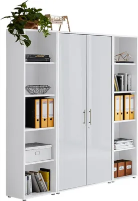 A white storage cabinet with multiple shelves and two doors, filled with office supplies and decorative items.