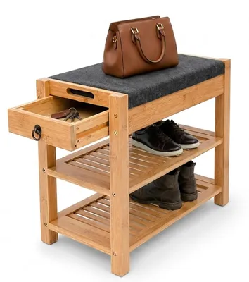 Produktbild von Bambus Sitzbank mit Schubkasten, 2 Ablagefläche & Sitzkissene Schuhbank, Flurbank & Garderobenbank Natur 55,5 cm
