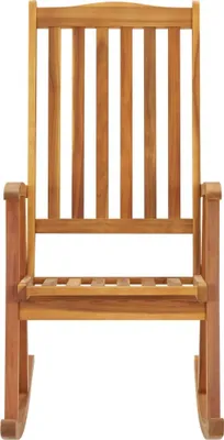 A front view of a wooden rocking chair on a white background.