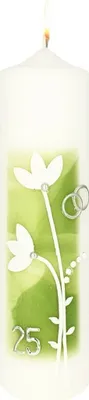 Produktbild von Silberhochzeitskerze " Weiße Blüten auf grünem Hintergrund" 220 x Ø 60 mm mit Namensverzierung