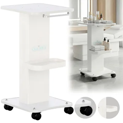 Image de Table chariot armoire d'assistance blanche, Chariot de salon de beauté portable à roulettes pour salon de coiffure, table pour les appareils cosmétiques et pour cosmétiques.