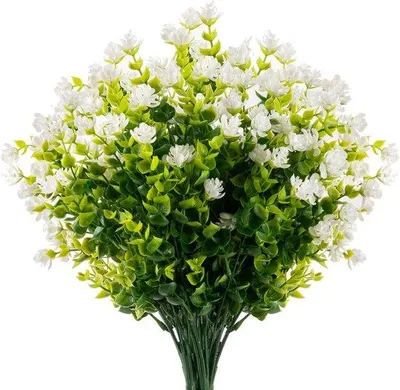 Image de Bouquet de fleurs artificielles en plastique, plantes artificielles réalistes, résistantes aux UV, pour balcon, jardin, fenêtre, décoration, blanc