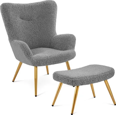 Produktbild von Yaheetech Ohrensessel Fernsehsessel mit Hocker Polyester-Bezug, Armlehnensessel Polstersessel Relaxsessel Cocktailsessel Teddy-Plüsch Stilvolles Design Grau