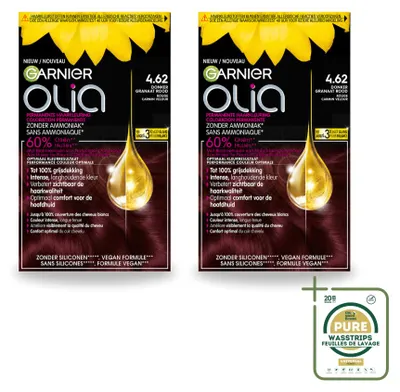 Image de 2 x Garnier Olia 4.62, coloration permanente pour cheveux - Rouge granat foncé - Sans ammoniaque - Pack économique - 2 unités