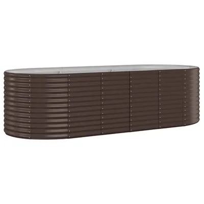 A brown corrugated metal raised garden bed with a gray top edge, shown against a white background.