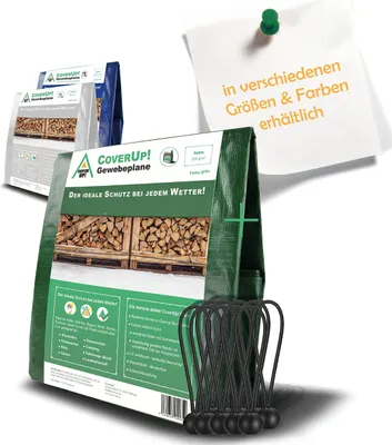 A collection of CoverUp! Gewebeplane (tarpaulin) products, with one prominently displayed in the foreground, and two others in the background. A note with text is pinned in the upper right corner.