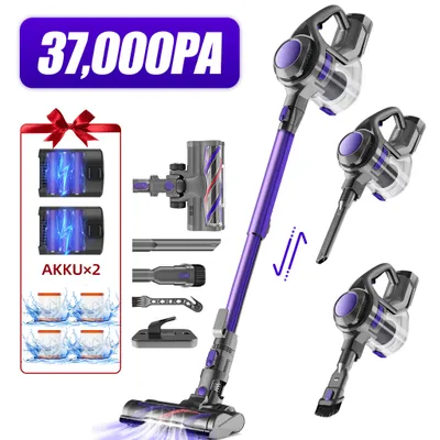 A collection of images showcasing a purple and gray cordless vacuum cleaner and its accessories, with promotional text and graphics.