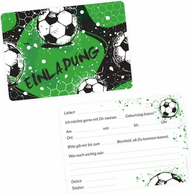 Produktbild von 10 coole Einladungskarten Fussball grün schwarz inkl. 10 transparenten Briefumschlägen Kindergeburtstag Junge Teenager Einladung