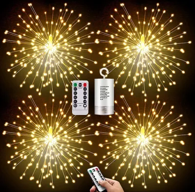 Produktbild von 4 Stück Feuerwerk Lichterkette Warmweiß, 200LEDs Weihnachtsbeleuchtung Dimmbar Fernbedienung,Deko Aussen Innen Batteriebetrieben 8 Modi Fenster Balkon