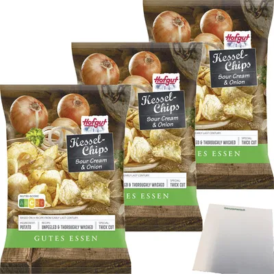 Produktbild von Hofgut Kessel Chips Sour Cream & Onion 3er Pack (3x150g Beutel) + usy