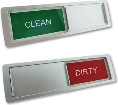 Produktbild von Schiebeschild "Clean-Dirty" in einem silberfarbenen Kunststoffschiebeprofil ca. 178x50mm