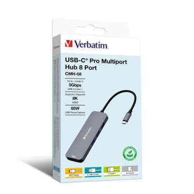 Obrázek produktu pro Verbatim CMH-08, USB typu C, HDMI, USB 3.2 Gen 1 (3.1 Gen 1) Type-A, USB typu C, MicroSD (TransFlash), SD, 5000 Mbit/s, 30 Hz, Stříbrná