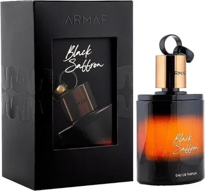 A product shot of Armaf Black Saffron Eau de Parfum and its packaging.