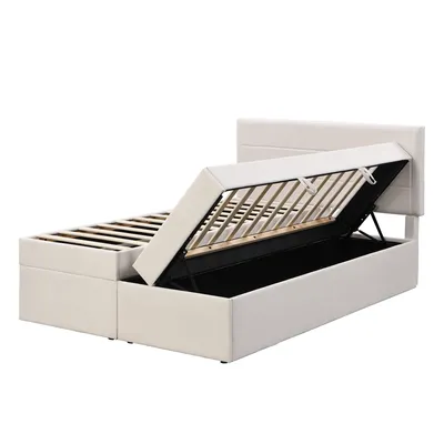 Produktbild von Flieks Polsterbett Doppelbett 140x200cm Stauraumbett mit Lattenrost, Jugendbett Boxspringbett mit Stauraum Boxbett, beige