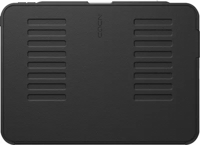 A black tablet case with a textured surface and a logo in the center.