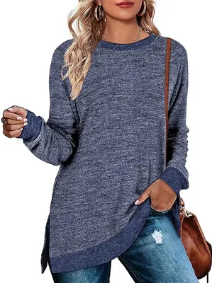 Produktbild von ASKSA Damen Langarmshirt Rundhals Einfarbiges Blusen Freizeit Langarm Lose Tunika Pullover, Blau, L