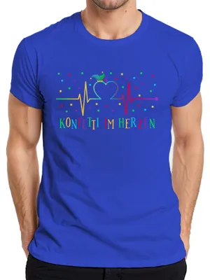 Productafbeelding van KONFETTI IM HERZEN: Carnaval, Fasching, Narrenmutze, hartvormig, kleurrijk, heren T-shirt, blauw, maat XL