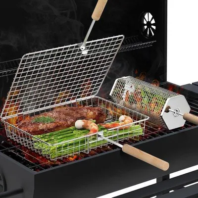 Produktbild von Famanu Grillkörbe mit abnehmbarem Holzgriff, 304 Edelstahl, rollendes Grillnetz - für Gemüse und Garnelen