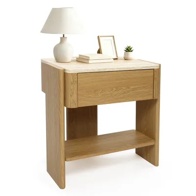 Produktbild von Hometopia Nachttisch Holz mit Travertin-Optik Platte, B55 x T40 x H53 cm