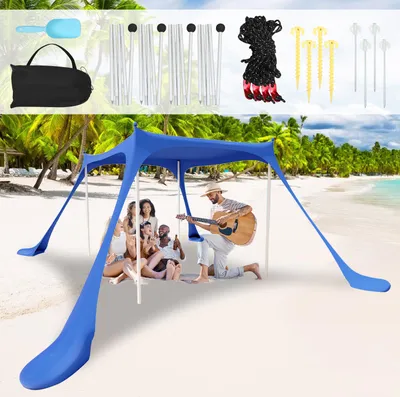 Zdjęcie produktu dla Aopunly – parasol plażowy, namiot plażowy, przenośny namiot plażowy z aluminiowymi drążkami, osłona przeciwsłoneczna, łatwy montaż, na plażę, jasnoniebieski, 300 x 300 x 200 cm